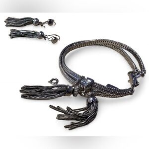 Vintage Monet Silver Tassle Jewelry Bracelet and Earring Set